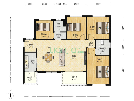 奥园天骄 4室1厅3卫 128平方