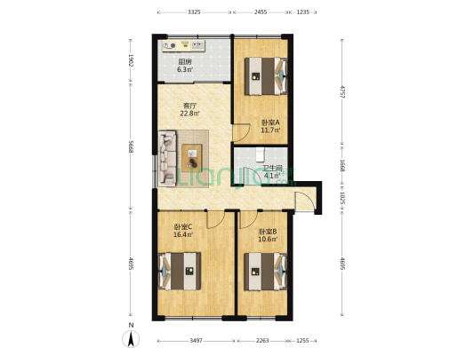 牟山路 3室1厅1卫 90平方