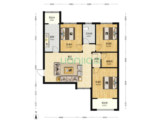 恒隆金豪庭 3室1厅1卫 122平方
