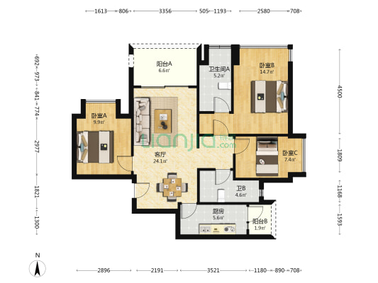 千江凌云凌云峰三期 3室1厅2卫 93平方