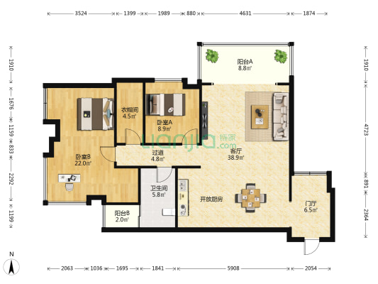 恒大美丽沙天寰湾 2室1厅1卫 130平方