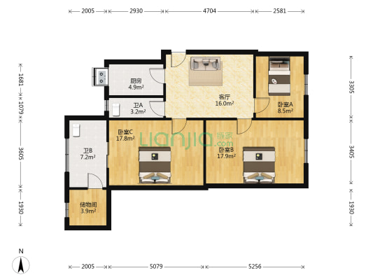 陈候小区 3室1厅2卫 87平方