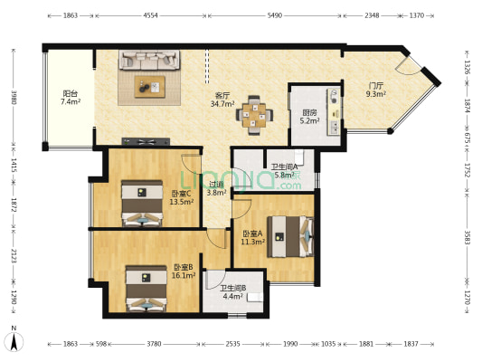 金色海岸 3室1厅2卫 128平方