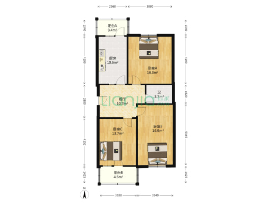 纺织宿舍 3室1厅1卫 90平方