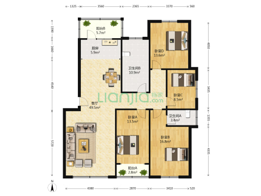 世纪新村 4室1厅2卫 156平方