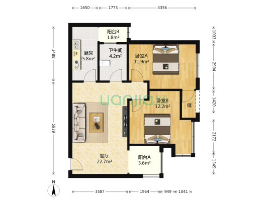 国宾中央区 2室1厅1卫 74平方