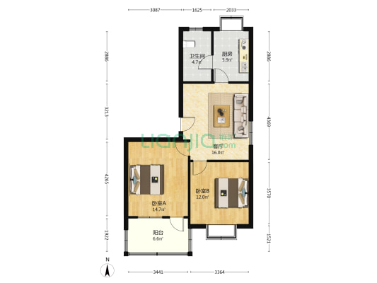 市府机关第二宿舍 2室1厅1卫 74平方
