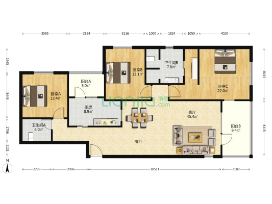朗诗虹桥绿郡(公寓) 3室1厅2卫 160平方