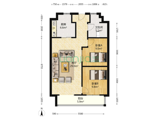 政法街汇元国际精装两居本满五年-户型图
