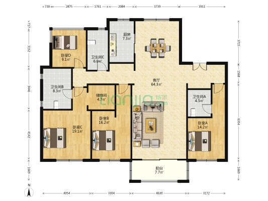 万科大都会A区 4室1厅3卫 186平方