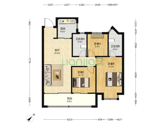 万科溪望城 3室1厅2卫 97平方