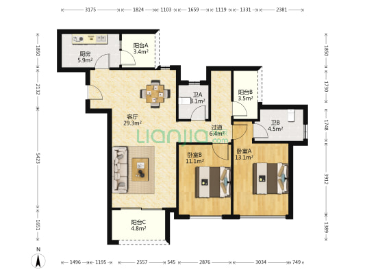 金科博翠园F区 2室1厅2卫 98平方