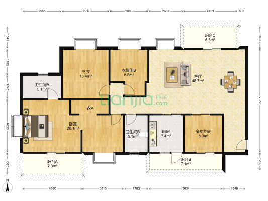 鸿怡花园 3室1厅2卫 171平方