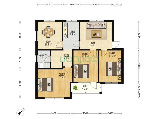 自治区总工会宿舍区 3室2厅1卫 100平方