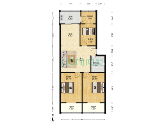 菜园苑小区 3室2厅1卫 107平方