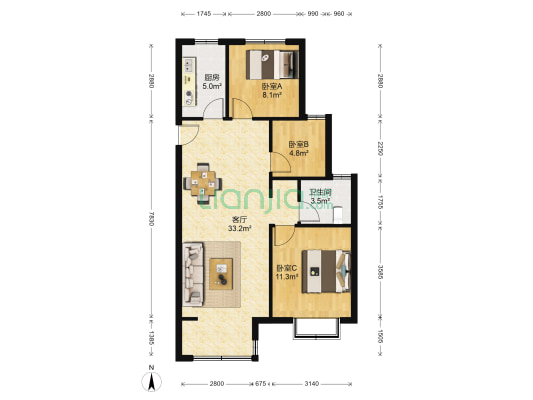 新城香溢澜庭 3室1厅1卫 97平方
