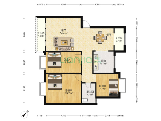欣和居 3室1厅1卫 105平方