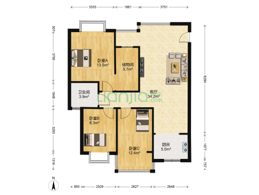 圣煌广场 3室1厅1卫 87平方