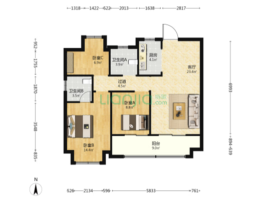 联投越秀星汇城星宸 3室1厅2卫 108平方