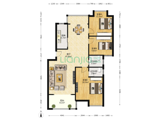 岚湖豪城 3室1厅2卫 116平方