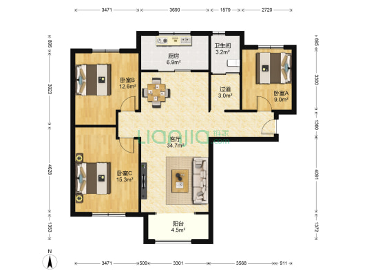 中海凯旋门 3室1厅1卫 121平方