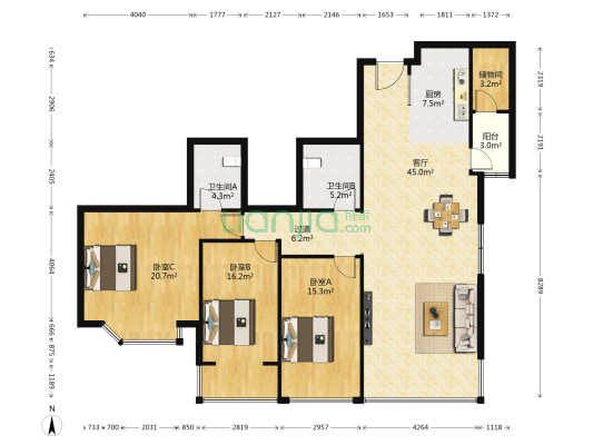 中华广场 3室1厅2卫 160平方