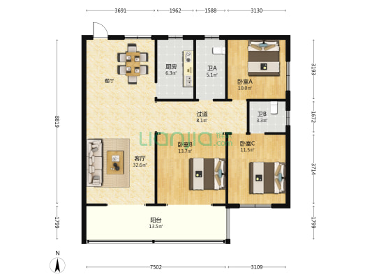 葛洪大道38号 3室1厅2卫 130平方