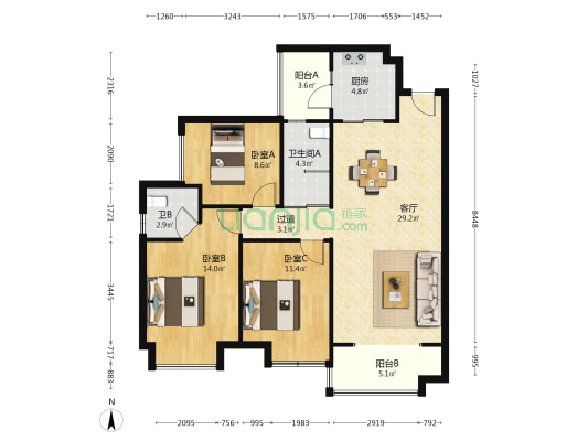 宁邦广场 3室1厅2卫 107平方