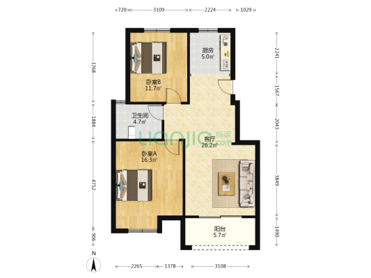 香缇雅苑 2室1厅1卫 84平方