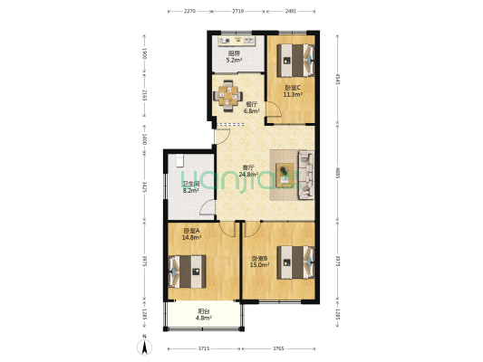 宁海大街605号 3室2厅1卫 107平方