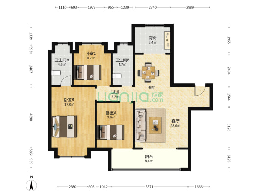 金地至尚 3室1厅2卫 127平方