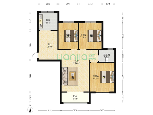 鸿博家园 3室2厅1卫 111平方
