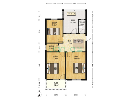 商业厅湖东支路15号单位宿舍 3室1厅1卫 91平方