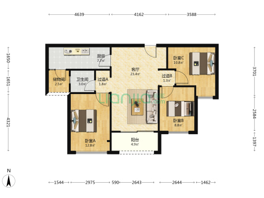 金地自在城愉悦天城 3室1厅1卫 91平方