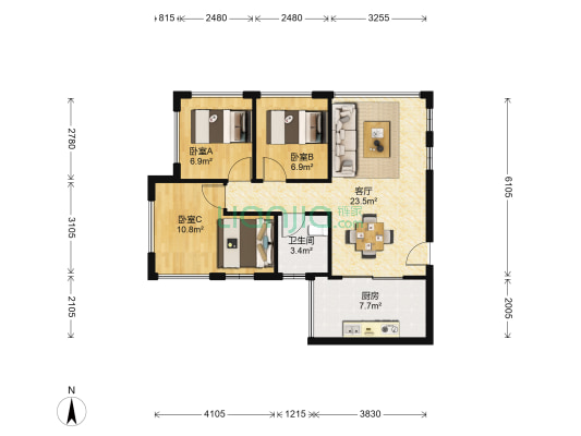 凤凰城 3室1厅1卫 62平方