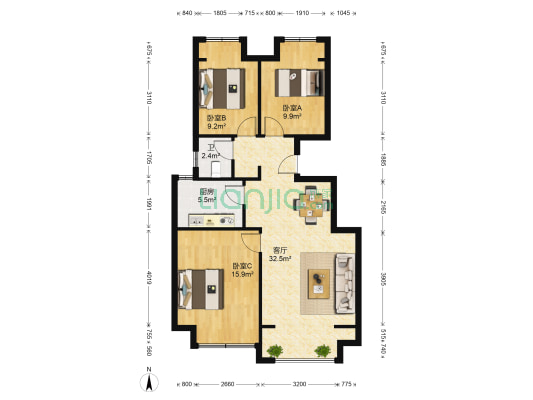 格林郡府C区 3室1厅1卫 94平方