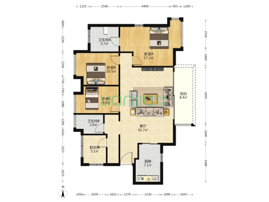 保利麓湖 3室1厅2卫 128平方