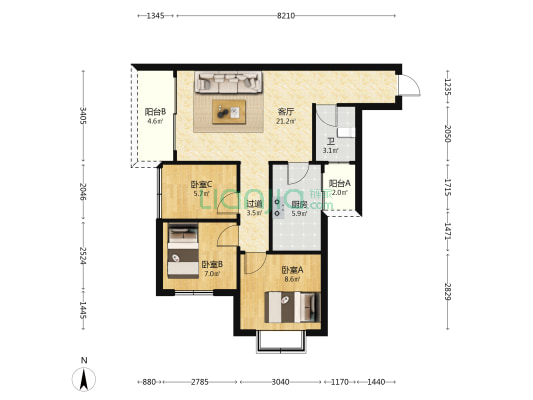九洲馨苑 3室1厅1卫 77平方