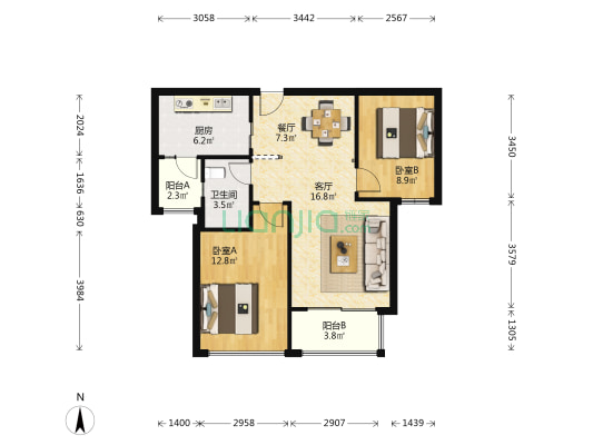 保利天鹅语 2室2厅1卫 80平方