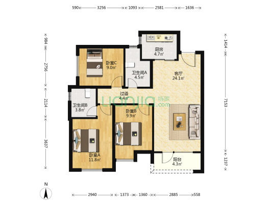 广电兰亭盛荟4期 3室1厅2卫 101平方