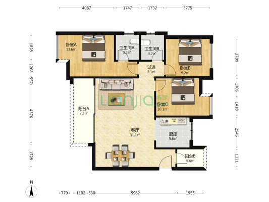 龙兴国际生态新城天誉 3室1厅2卫 113平方