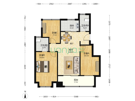 信达北云台 3室1厅2卫 100平方