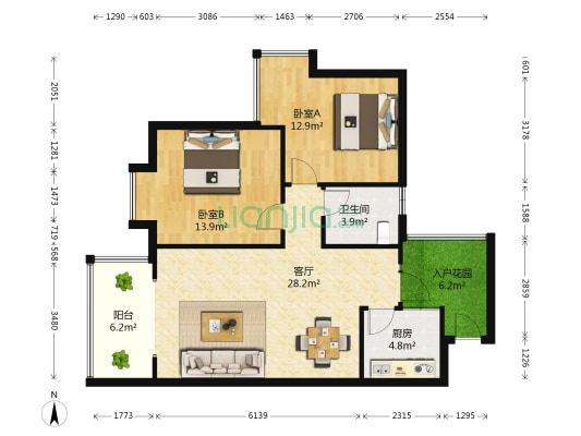 香江岸 2室1厅1卫 89平方