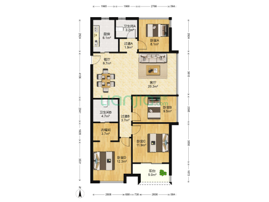 万科潮启公寓 4室2厅2卫 120平方