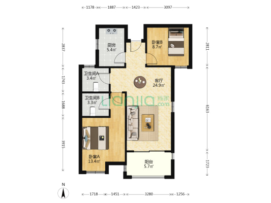 卧林居 2室1厅2卫 88平方