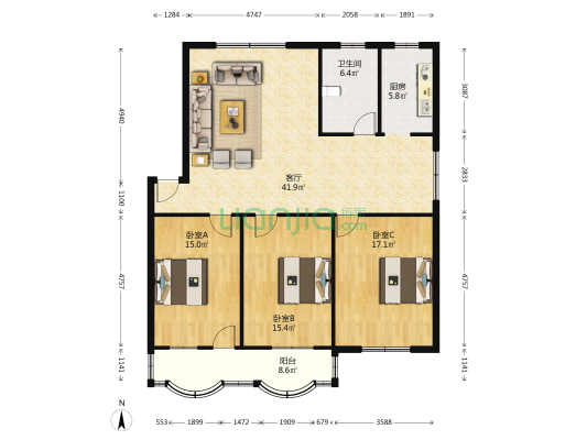 警苑小区 3室1厅1卫 127平方