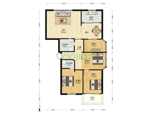 金屏新苑小区 4室1厅2卫 131平方