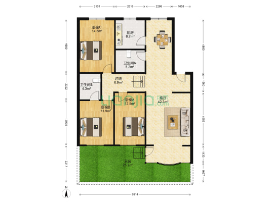 环际花园 3室1厅2卫 130平方