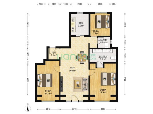 翡翠四季A区 3室1厅2卫 112平方