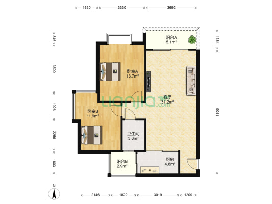 福缘阁 2室1厅1卫 88平方